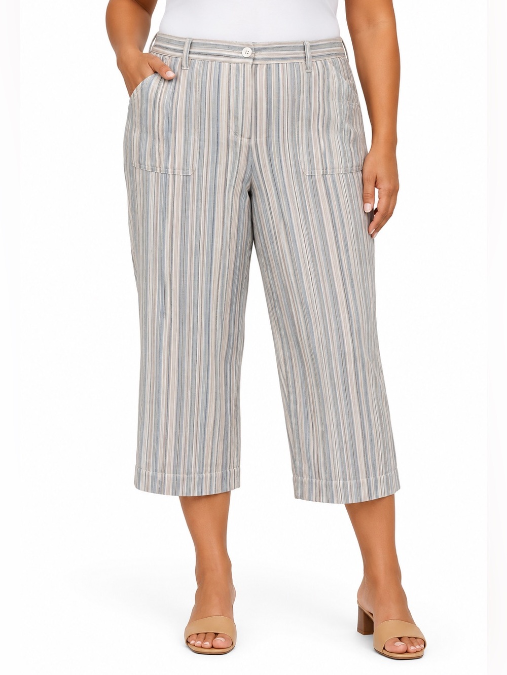 Chico's Plus Size 3 (XL/16–18) Striped Linen Blend Cropped Pants